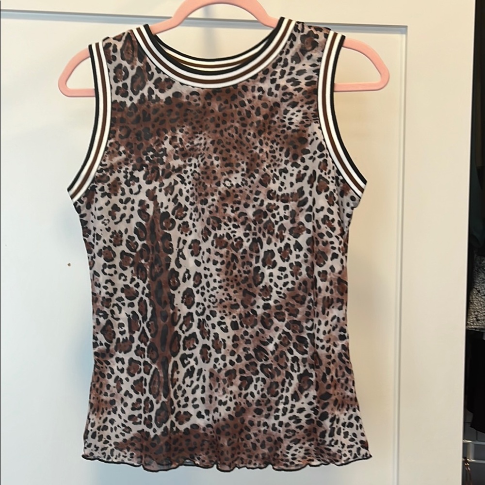 Brown and White Reversible to Checker Pattern Abstract Mesh Stretchy Tank Top